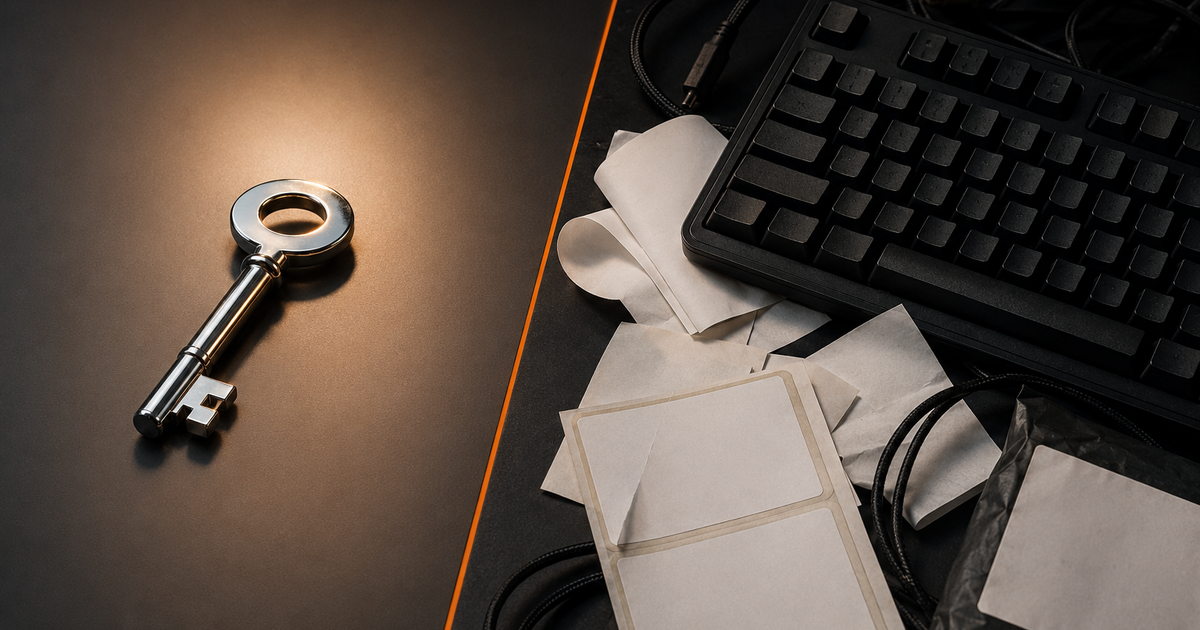 O cheie lucioasă este separată de tastatură, cabluri și costuri ascunse printr-o linie portocalie.