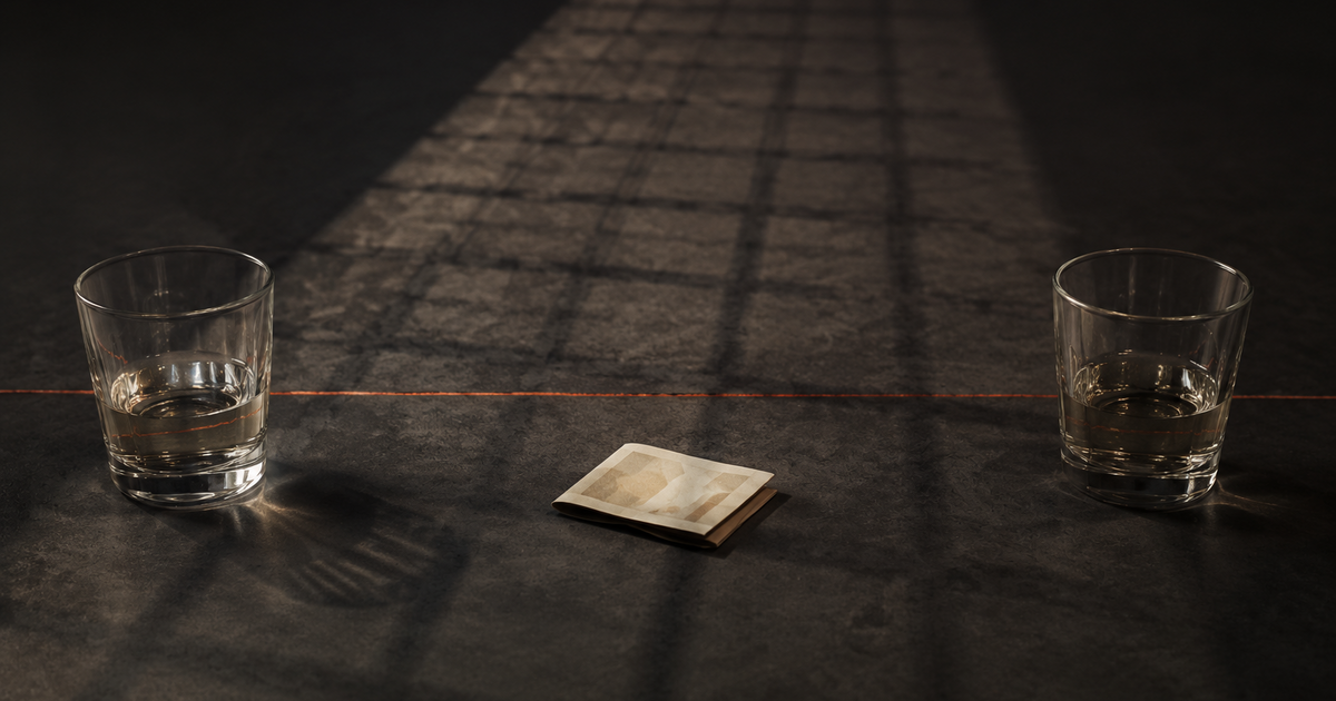 Two glasses and an abstract banknote sit beneath the elongated shadow of a calendar.